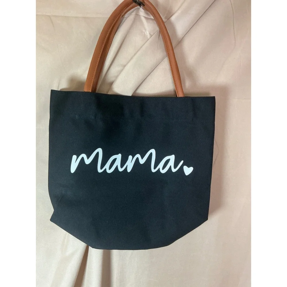 Mama Heart Graphic Canvas Tote Bag Black Tan Handles Magnetic Snap Pocket